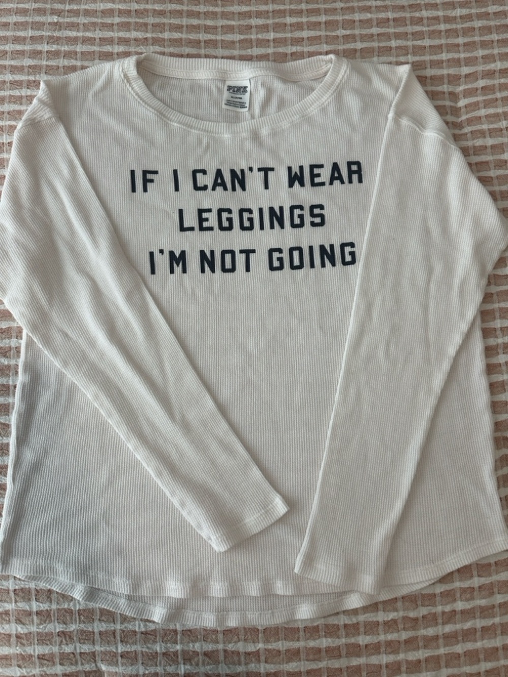 PINK Victoria's Secret White Ribbed Long Sleeve Tee with Black Lettering